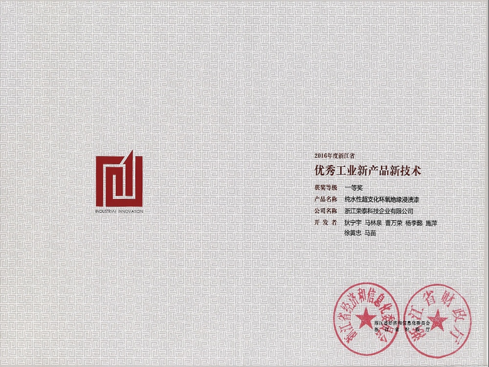 浙江省优秀工业新产品一等奖